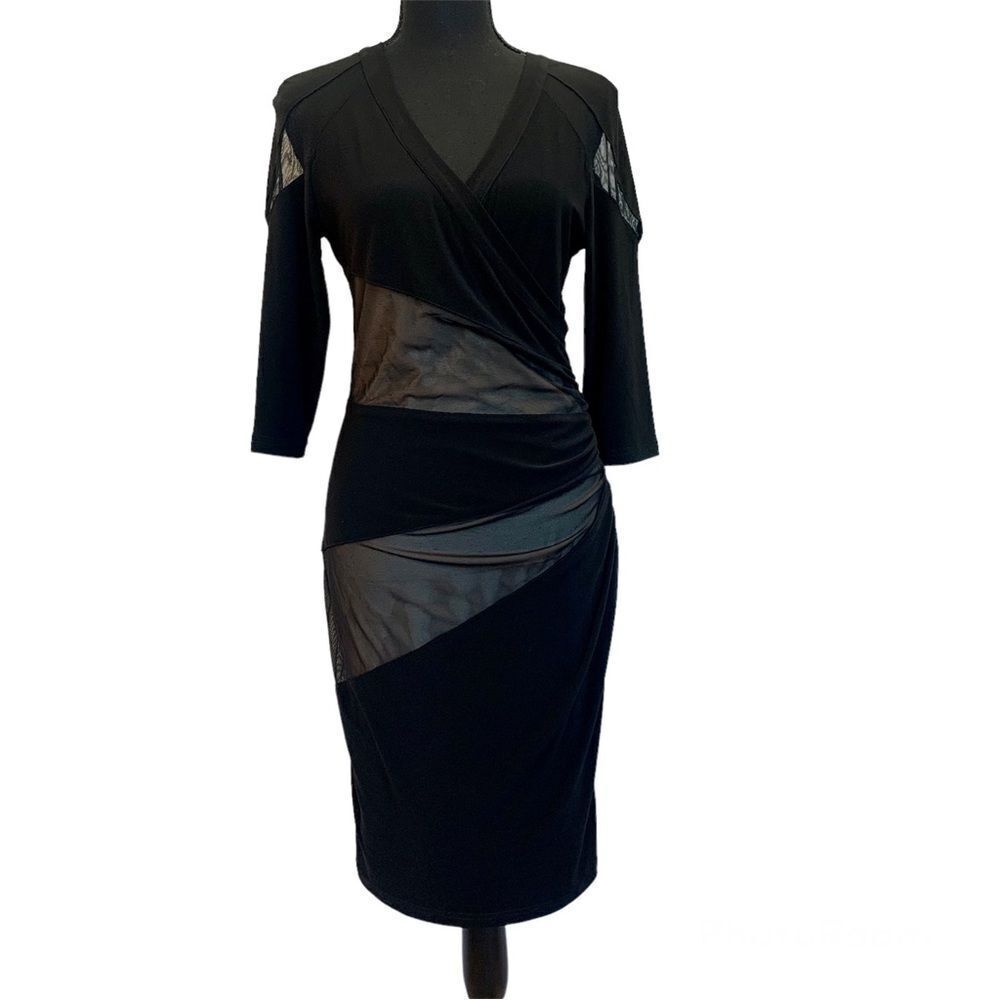 Joseph Ribkoff black nude mesh sheer faux wrap dress Sz 8